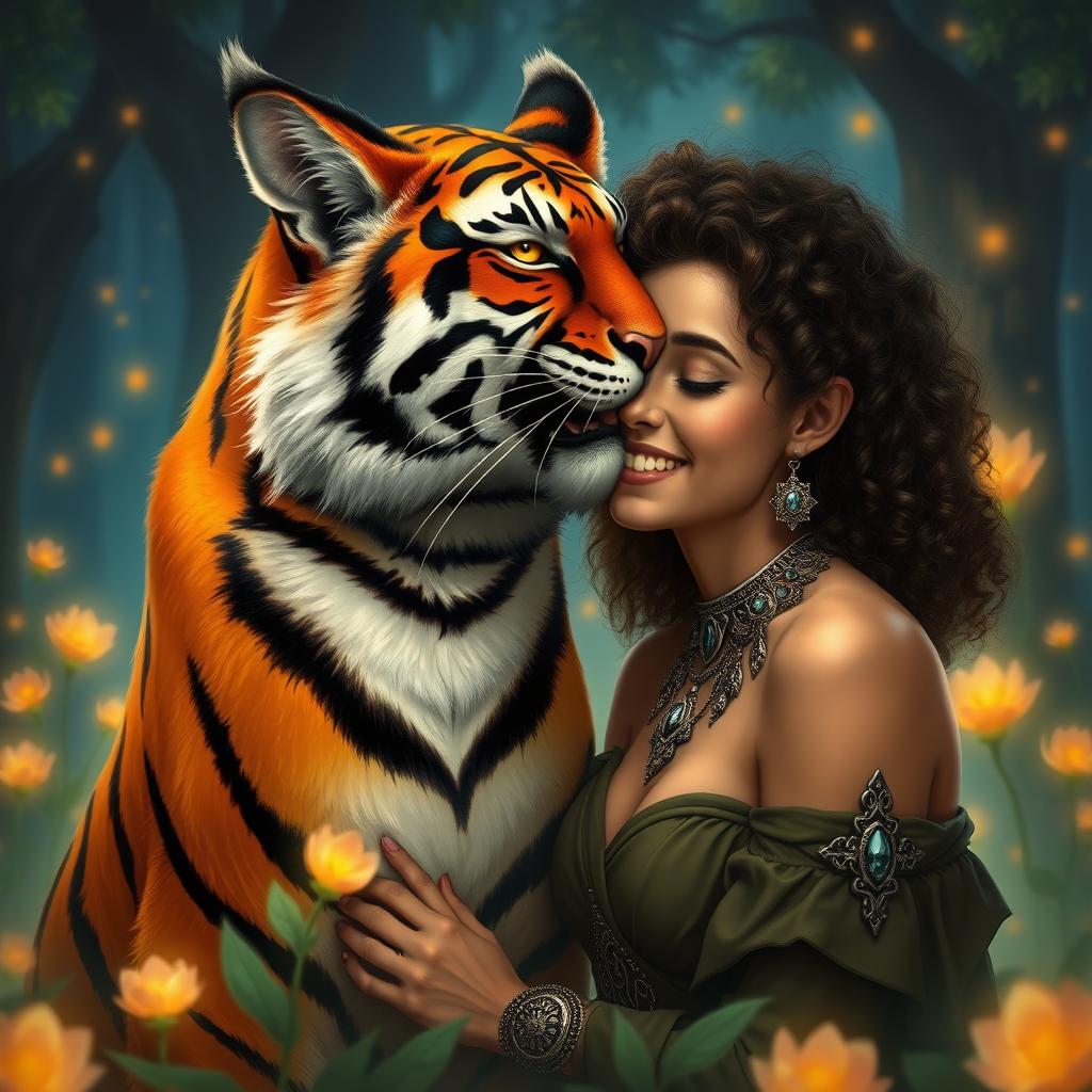 A big tiger tabaxi, featuring lush fur with vibrant orange and black stripes, leans down to kiss a human woman with curly hair