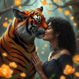 A big tiger tabaxi, featuring lush fur with vibrant orange and black stripes, leans down to kiss a human woman with curly hair