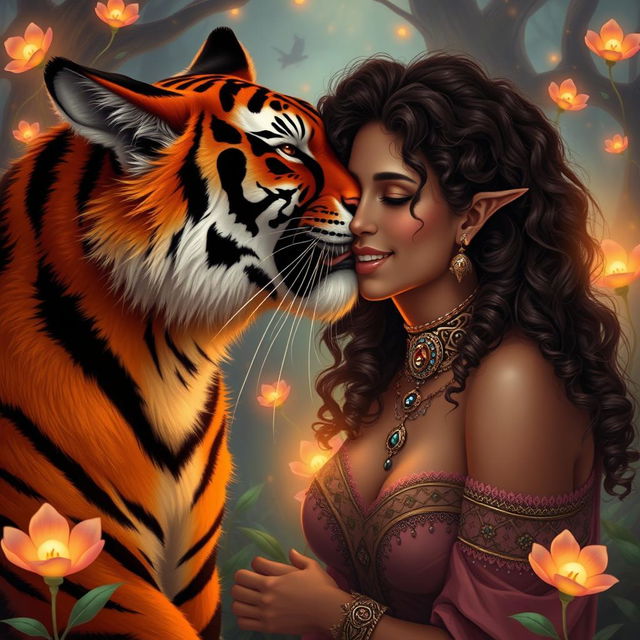 A big tiger tabaxi, featuring lush fur with vibrant orange and black stripes, leans down to kiss a human woman with curly hair