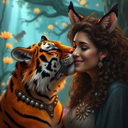 A big tiger tabaxi, featuring lush fur with vibrant orange and black stripes, leans down to kiss a human woman with curly hair