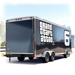 A detailed depiction of a complete trailer car viewed from the side, prominently featuring the lettering 'GTA 6' in bold and striking font