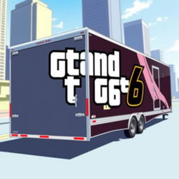 A detailed depiction of a complete trailer car viewed from the side, prominently featuring the lettering 'GTA 6' in bold and striking font