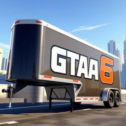 A detailed depiction of a complete trailer car viewed from the side, prominently featuring the lettering 'GTA 6' in bold and striking font