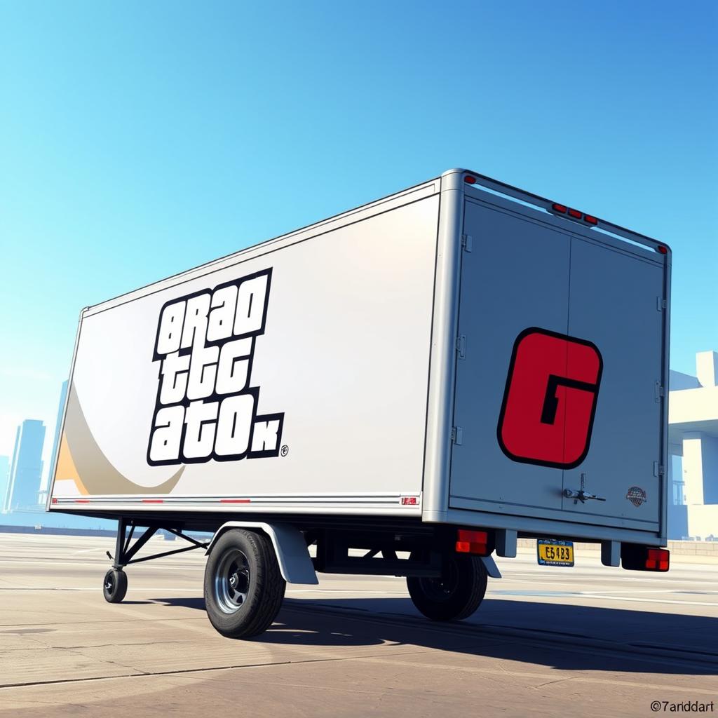A detailed depiction of a complete trailer car viewed from the side, prominently featuring the lettering 'GTA 6' in bold and striking font