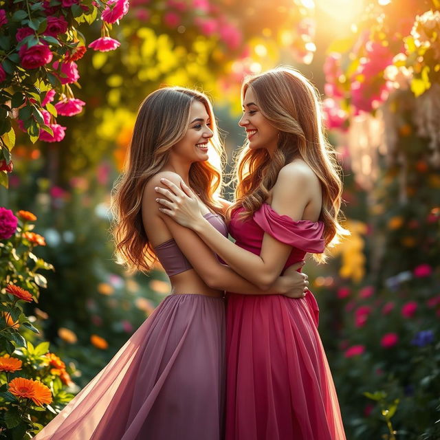 A vibrant and captivating scene featuring two beautiful women in an affectionate embrace, surrounded by a lush garden filled with colorful flowers and greenery