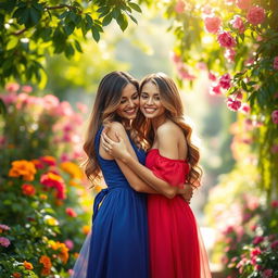 A vibrant and captivating scene featuring two beautiful women in an affectionate embrace, surrounded by a lush garden filled with colorful flowers and greenery