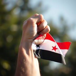 A close-up of a human hand gripping the flag of Free Syria, showcasing the vibrant colors of the flag with its distinctive red, white, and black stripes as well as the stars