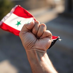 A close-up of a human hand gripping the flag of Free Syria, showcasing the vibrant colors of the flag with its distinctive red, white, and black stripes as well as the stars