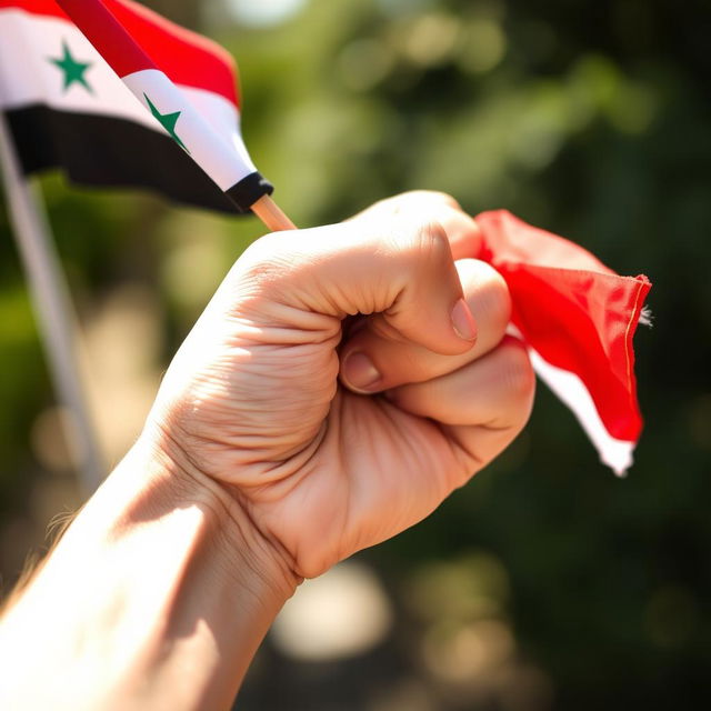 A close-up of a human hand gripping the flag of Free Syria, showcasing the vibrant colors of the flag with its distinctive red, white, and black stripes as well as the stars