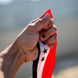A close-up of a human hand gripping the flag of Free Syria, showcasing the vibrant colors of the flag with its distinctive red, white, and black stripes as well as the stars