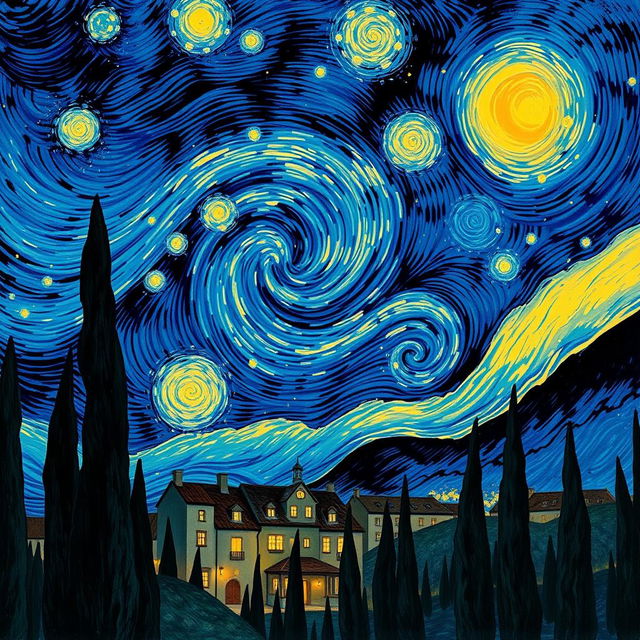 A mesmerizing night sky filled with swirling stars, inspired by Van Gogh's Starry Night