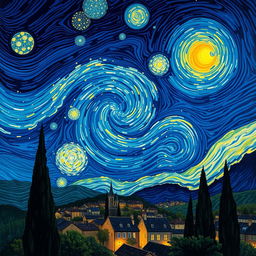 A mesmerizing night sky filled with swirling stars, inspired by Van Gogh's Starry Night