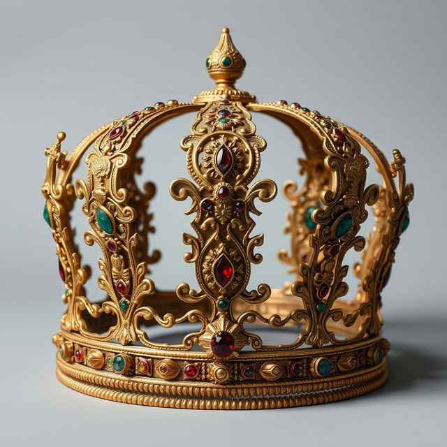 An intricately designed Sassanid king's crown, featuring ornate gold filigree, precious gemstones, and rich historical details