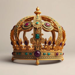 An intricately designed Sassanid king's crown, featuring ornate gold filigree, precious gemstones, and rich historical details