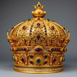 An intricately designed Sassanid king's crown, featuring ornate gold filigree, precious gemstones, and rich historical details