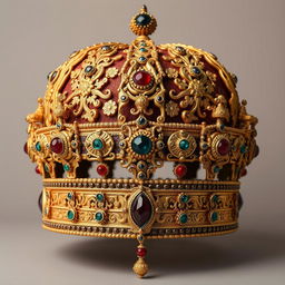 An intricately designed Sassanid king's crown, featuring ornate gold filigree, precious gemstones, and rich historical details