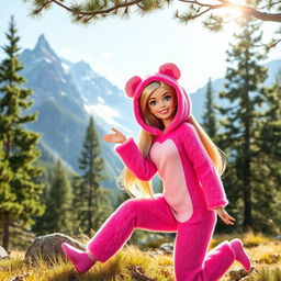 A whimsical scene featuring Barbie dressed as a bear, playfully posing in a picturesque mountain landscape