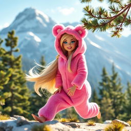 A whimsical scene featuring Barbie dressed as a bear, playfully posing in a picturesque mountain landscape