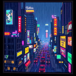 A pixel art landscape GIF depicting a loft window view overlooking a vibrant neon city at night