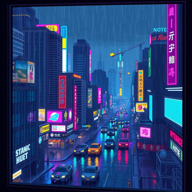 A pixel art landscape GIF depicting a loft window view overlooking a vibrant neon city at night