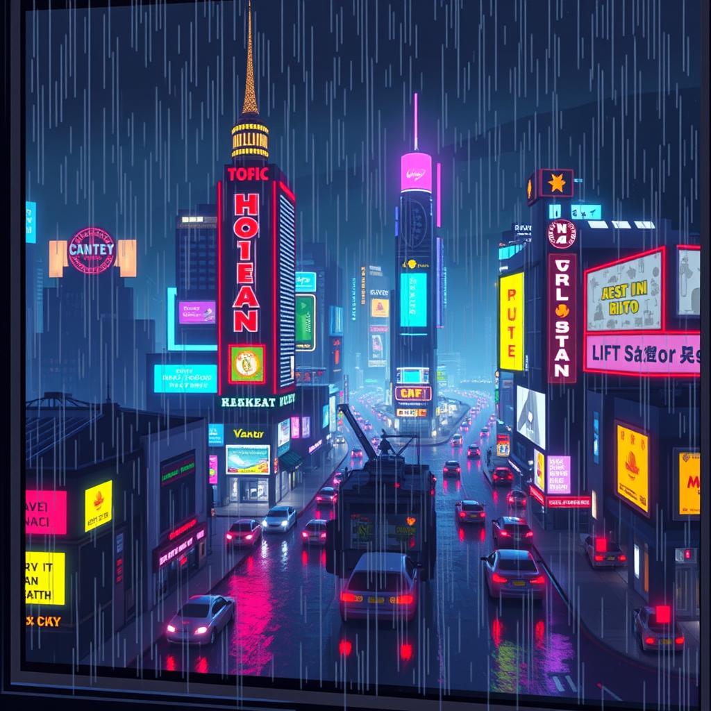 A pixel art landscape GIF depicting a loft window view overlooking a vibrant neon city at night