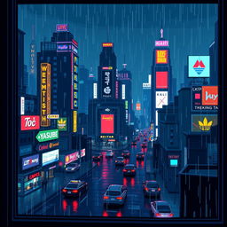 A pixel art landscape GIF depicting a loft window view overlooking a vibrant neon city at night