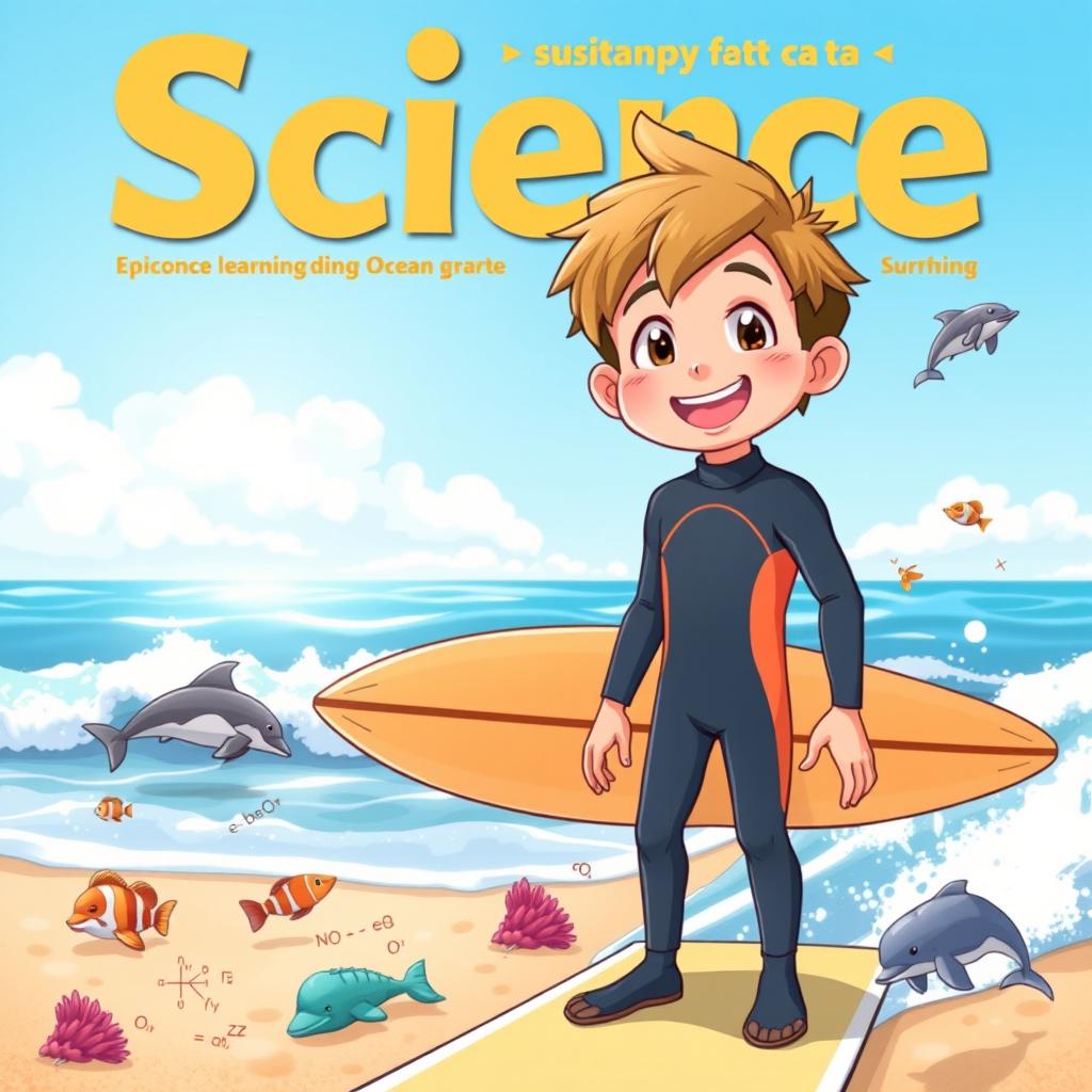 A vibrant and colorful anime-style cover art for an educational science magazine featuring a friendly surfer boy in a wetsuit