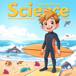 A vibrant and colorful anime-style cover art for an educational science magazine featuring a friendly surfer boy in a wetsuit