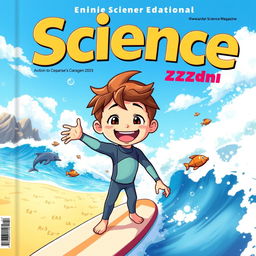 A vibrant and colorful anime-style cover art for an educational science magazine featuring a friendly surfer boy in a wetsuit
