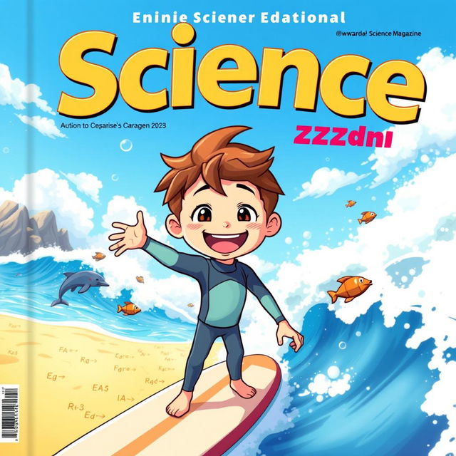 A vibrant and colorful anime-style cover art for an educational science magazine featuring a friendly surfer boy in a wetsuit