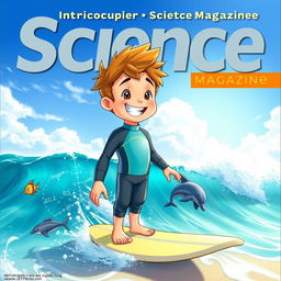 A vibrant and colorful anime-style cover art for an educational science magazine featuring a friendly surfer boy in a wetsuit