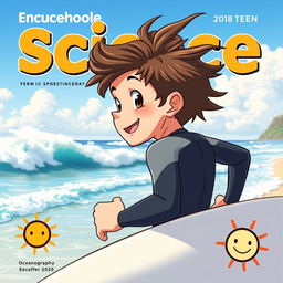 A vibrant anime-style cover art for an educational science magazine featuring a friendly surfer teen boy