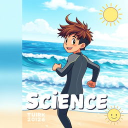 A vibrant anime-style cover art for an educational science magazine featuring a friendly surfer teen boy