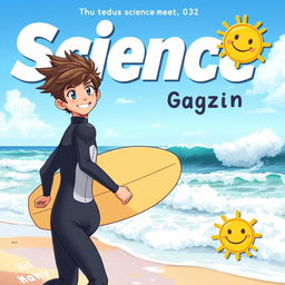 A vibrant anime-style cover art for an educational science magazine featuring a friendly surfer teen boy