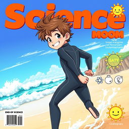 A vibrant anime-style cover art for an educational science magazine featuring a friendly surfer teen boy