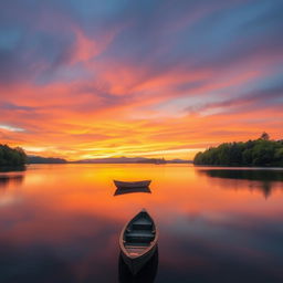 A serene and picturesque scene capturing a tranquil sunset by a calm lake surrounded by lush green trees