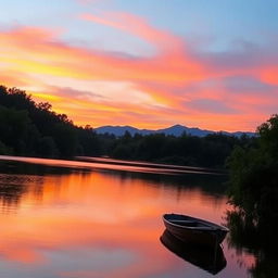 A serene and picturesque scene capturing a tranquil sunset by a calm lake surrounded by lush green trees