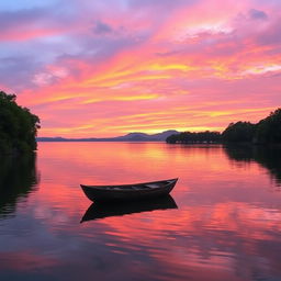 A serene and picturesque scene capturing a tranquil sunset by a calm lake surrounded by lush green trees