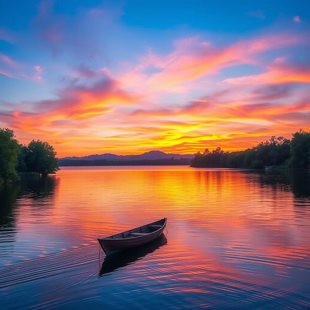 A serene and picturesque scene capturing a tranquil sunset by a calm lake surrounded by lush green trees