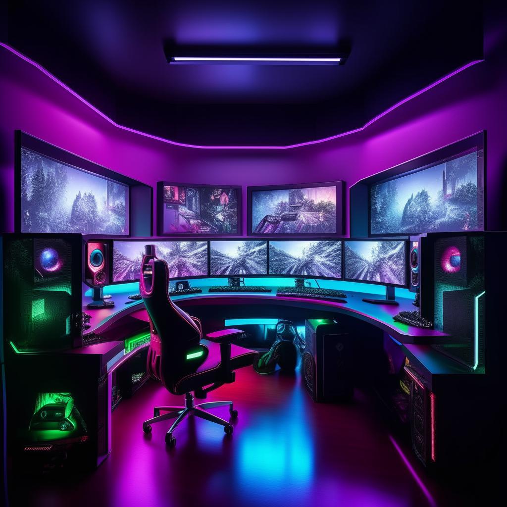 A high-end gaming room equipped with advanced gaming PC, ambient LED lights, multiple monitors, a comfortable gaming chair and desk, themed wall decor, and sound-proof walls.