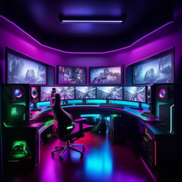 A high-end gaming room equipped with advanced gaming PC, ambient LED lights, multiple monitors, a comfortable gaming chair and desk, themed wall decor, and sound-proof walls.