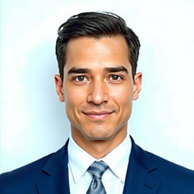 A close-up passport size photo featuring an adult man in formal attire