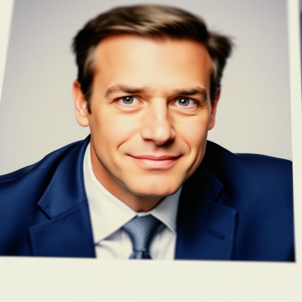 A close-up passport size photo featuring an adult man in formal attire
