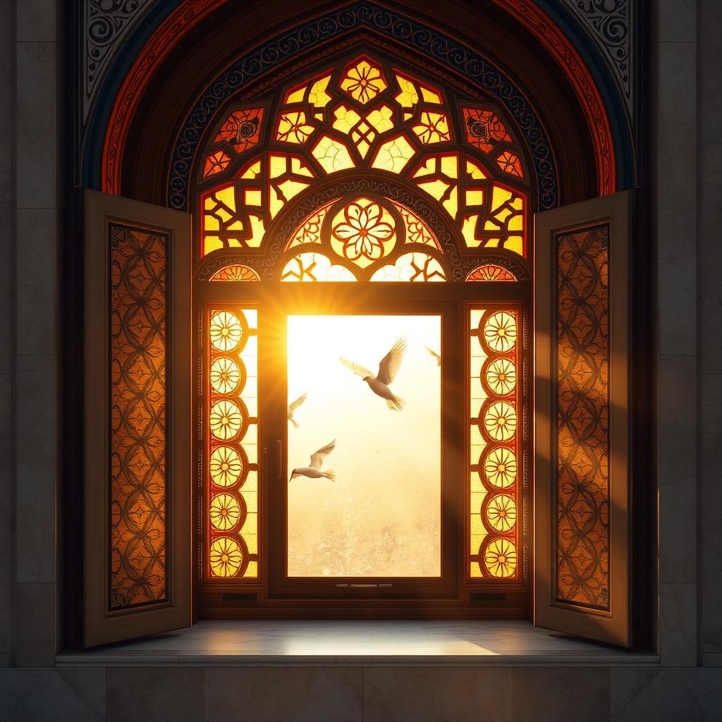 A beautiful, tranquil scene of a traditional Iranian mosque window, showcasing intricate Islamic architecture and vibrant stained glass