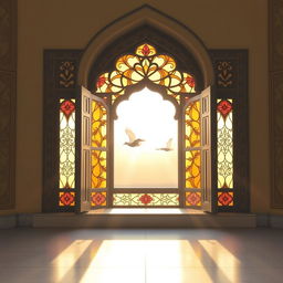 A beautiful, tranquil scene of a traditional Iranian mosque window, showcasing intricate Islamic architecture and vibrant stained glass