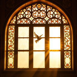 A beautiful, tranquil scene of a traditional Iranian mosque window, showcasing intricate Islamic architecture and vibrant stained glass