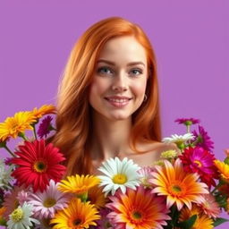 A stunning woman with long, reddish hair surrounded by a variety of colorful flowers, set against a solid background