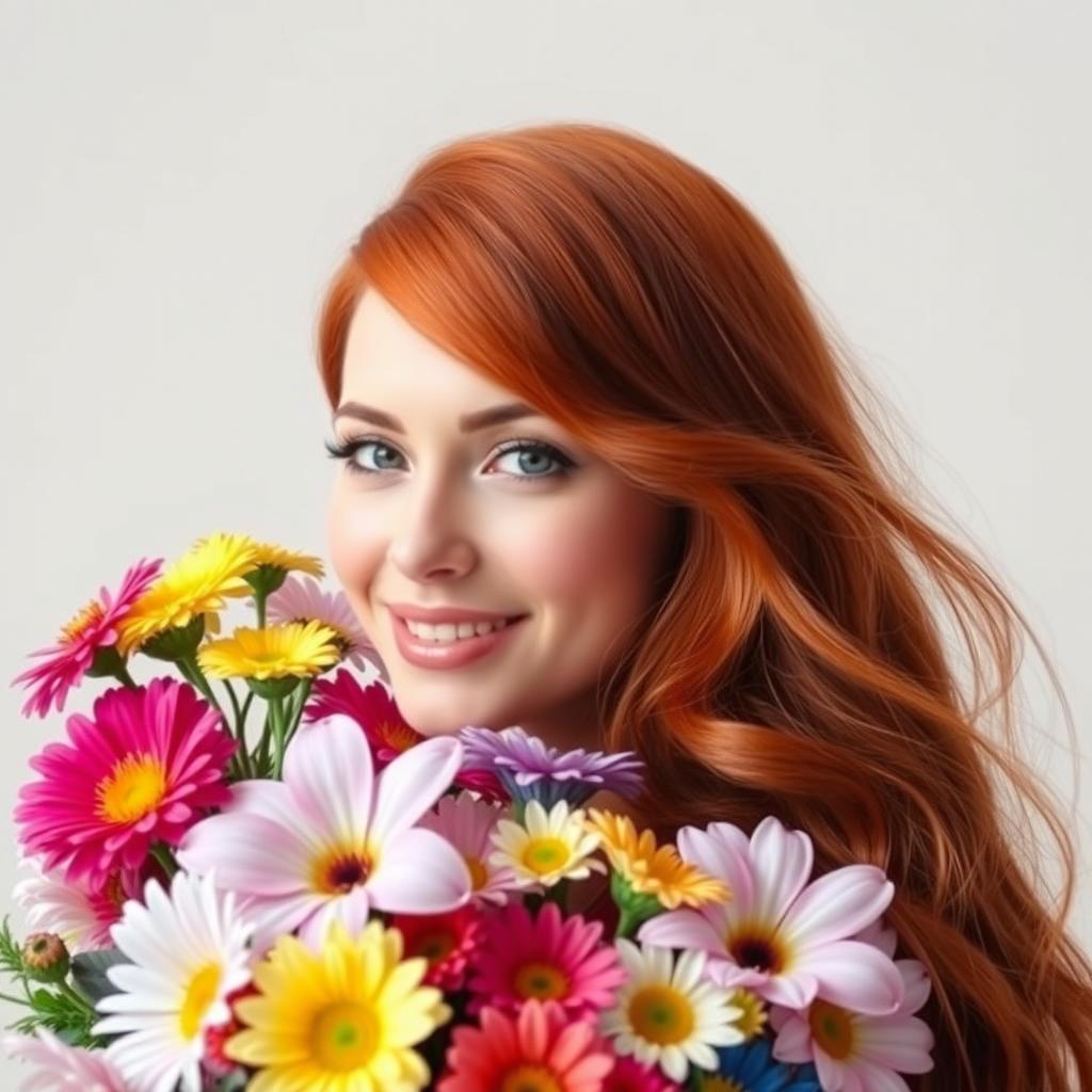 A stunning woman with long, reddish hair surrounded by a variety of colorful flowers, set against a solid background