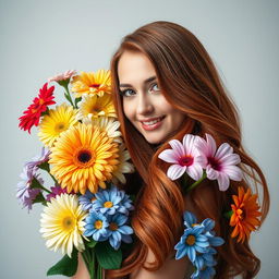 A stunning woman with long, reddish hair surrounded by a variety of colorful flowers, set against a solid background