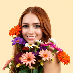 A stunning woman with long, reddish hair surrounded by a variety of colorful flowers, set against a solid background